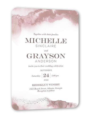 Ocean Waves Wedding Invitation, Grey, Silver Foil, 5x7 Flat, Pearl Shimmer Cardstock, Rounded