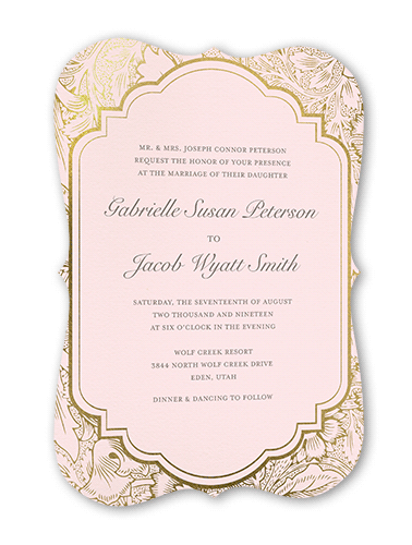 Ornate Petals Wedding Invitation, Pink, Gold Foil, 5x7 Flat, Matte, Signature Smooth Cardstock, Bracket