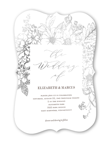 Flowers Abound Wedding Invitation, White, Silver Foil, 5x7 Flat, Matte, Signature Smooth Cardstock, Bracket