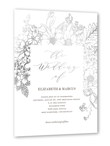 Flowers Abound Wedding Invitation, White, Silver Foil, 5x7, Matte, Signature Smooth Cardstock, Square