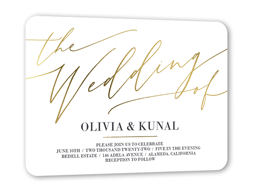 Exciting Script Wedding Invitation, White, Gold Foil, 5x7 Flat, Pearl Shimmer Cardstock, Rounded