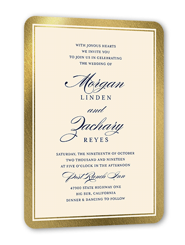 Remarkable Frame Classic Wedding Invitation, White, Gold Foil, 5x7, Pearl Shimmer Cardstock, Rounded