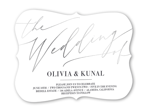 Exciting Script Wedding Invitation, Silver Foil, White, 5x7, Signature Smooth Cardstock, Bracket