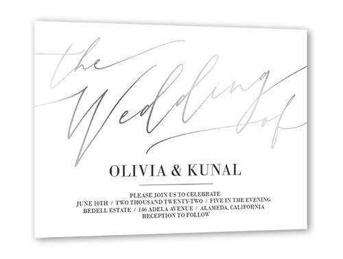 Exciting Script Wedding Invitation, Silver Foil, White, 5x7 Flat, Luxe Double-Thick Cardstock, Square, White