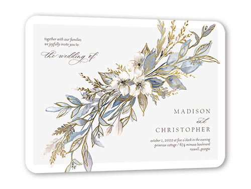 Watercolor Divide Wedding Invitation, Gold Foil, Blue, 5x7 Flat, Pearl Shimmer Cardstock, Rounded