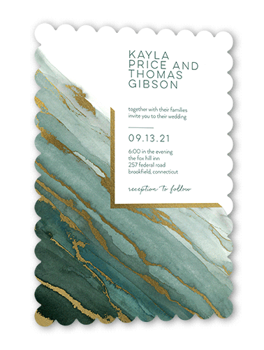 Marble Wave Wedding Invitation, Green, Gold Foil, 5x7, Matte, Signature Smooth Cardstock, Scallop