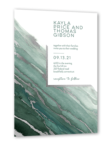 Marble Wave Wedding Invitation, Green, Silver Foil, 5x7, Luxe Double-Thick Cardstock, Square
