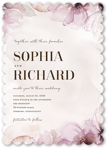 Fine Petals Wedding Invitation, Pink, 5x7 Flat, Pearl Shimmer Cardstock, Scallop