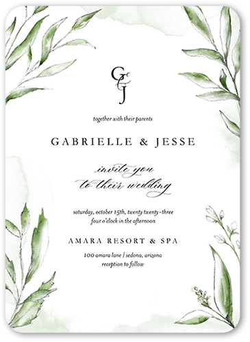 Pictorial Petals Wedding Invitation, Green, 5x7 Flat, 100% Recycled Cardstock , Rounded, Pistachio