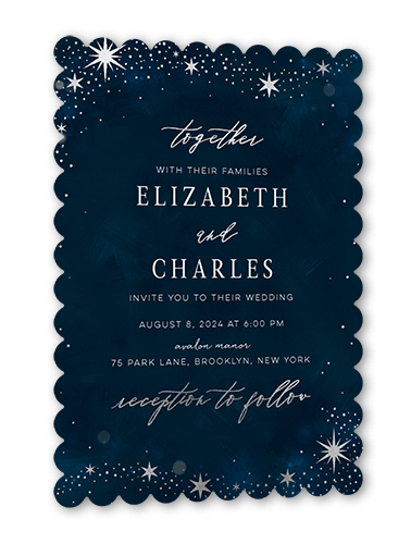 Bright Night Wedding Invitation, Blue, Silver Foil, 5x7, Pearl Shimmer Cardstock, Scallop