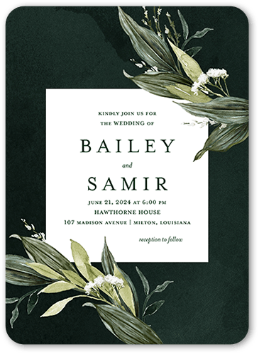 Forever Greenery Wedding Invitation, Green, 5x7 Flat, Standard Smooth Cardstock, Rounded, White