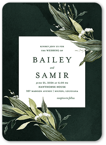 Forever Greenery Wedding Invitation, Green, 5x7 Flat, Pearl Shimmer Cardstock, Rounded