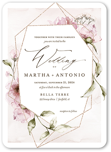 Light Floral Wedding Invitation, Pink, 5x7, Pearl Shimmer Cardstock, Rounded