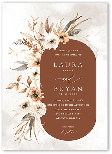 Wild Botanic Wedding Invitation, Orange, 5x7 Flat, Pearl Shimmer Cardstock, Square
