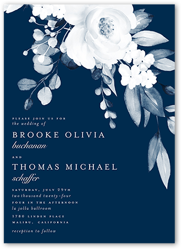 Elegantly Delicate Wedding Invitation, Blue, 5x7 Flat, Pearl Shimmer Cardstock, Square, Navy