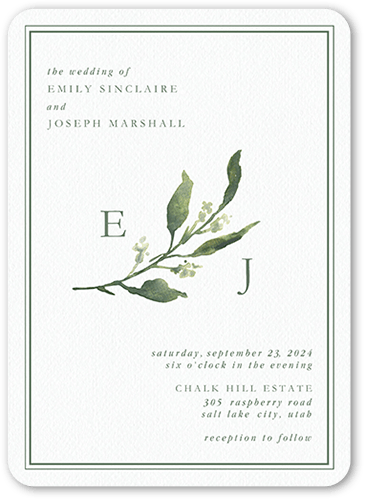 Simple Branches Wedding Invitation, Green, 5x7 Flat, Standard Smooth Cardstock, Rounded, Rosemary
