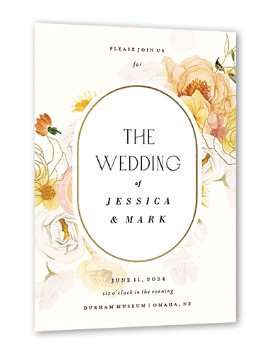 Warm Floral Wedding Invitation, Orange, Gold Foil, 5x7 Flat, Matte, Signature Smooth Cardstock, Square