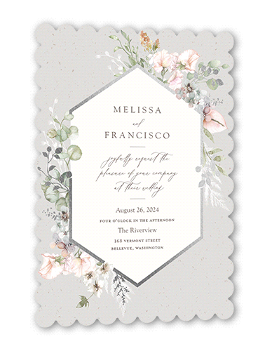 Enchanted Pastels Wedding Invitation, Silver Foil, Grey, 5x7 Flat, Pearl Shimmer Cardstock, Scallop