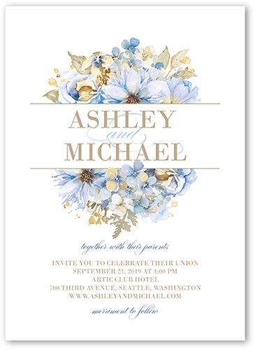 Watercolor Bouquet Wedding Invitation, Blue, 5x7 Flat, Pearl Shimmer Cardstock, Square