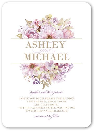 Watercolor Bouquet Wedding Invitation, Purple, 5x7 Flat, Pearl Shimmer Cardstock, Rounded