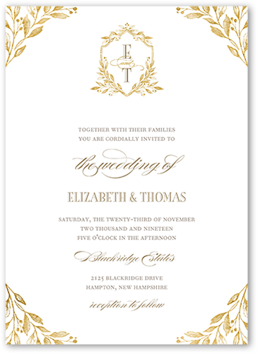 Classic Herald Wedding Invitation, Yellow, 5x7 Flat, Matte, Signature Smooth Cardstock, Square