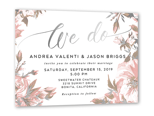 Crisp Petals Wedding Invitation, Silver Foil, Grey, 5x7 Flat, Pearl Shimmer Cardstock, Square