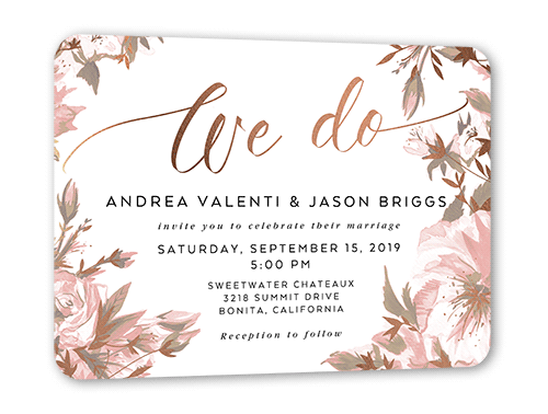 Crisp Petals Wedding Invitation, Grey, Rose Gold Foil, 5x7 Flat, Matte, Signature Smooth Cardstock, Rounded