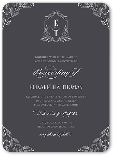 Classic Herald Wedding Invitation, Grey, 5x7 Flat, Pearl Shimmer Cardstock, Rounded