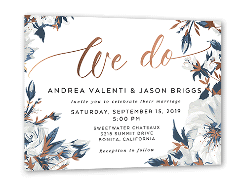 Crisp Petals Wedding Invitation, Grey, Rose Gold Foil, 5x7 Flat, Pearl Shimmer Cardstock, Square