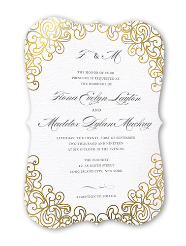 Dazzling Lace Wedding Invitation, Gold Foil, Grey, 5x7 Flat, Signature Smooth Cardstock, Bracket