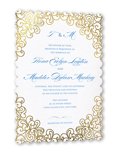 Dazzling Lace Wedding Invitation, Blue, Gold Foil, 5x7, Pearl Shimmer Cardstock, Scallop