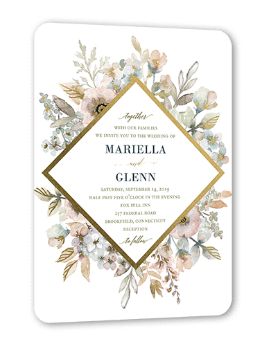 Diamond Blossoms Wedding Invitation, Gold Foil, Green, 5x7 Flat, Matte, Signature Smooth Cardstock, Rounded