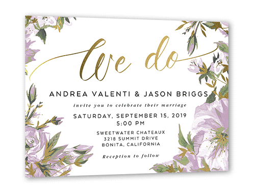 Crisp Petals Wedding Invitation, Gold Foil, Purple, 5x7 Flat, Pearl Shimmer Cardstock, Square
