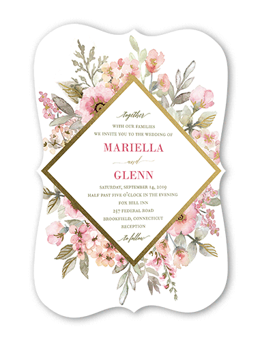 Diamond Blossoms Wedding Invitation, Gold Foil, Pink, 5x7 Flat, Pearl Shimmer Cardstock, Bracket, White