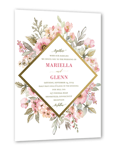 Diamond Blossoms Wedding Invitation, Gold Foil, Pink, 5x7, Pearl Shimmer Cardstock, Square
