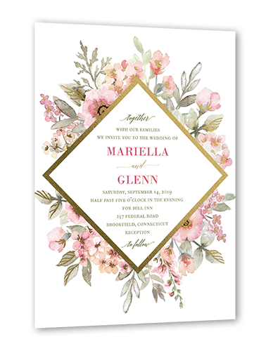 Diamond Blossoms Wedding Invitation, Gold Foil, Pink, 5x7 Flat, Matte, Signature Smooth Cardstock, Square