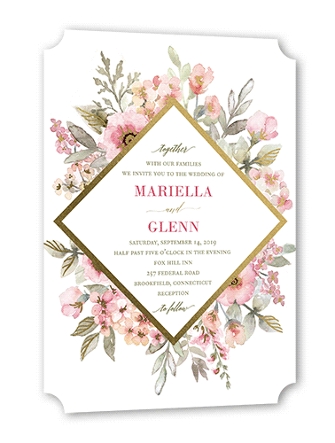 Diamond Blossoms Wedding Invitation, Gold Foil, Pink, 5x7 Flat, Matte, Signature Smooth Cardstock, Ticket