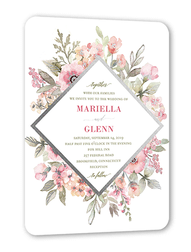 Diamond Blossoms Wedding Invitation, Pink, Silver Foil, 5x7, Pearl Shimmer Cardstock, Rounded