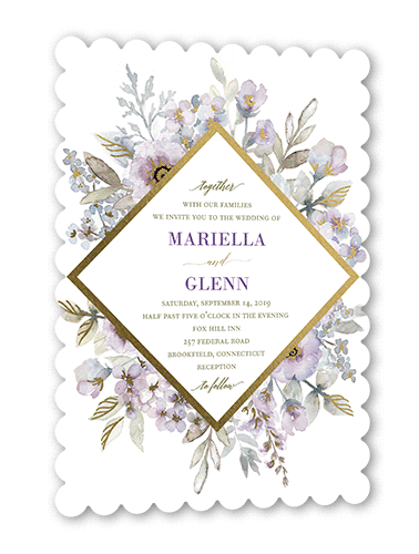 Diamond Blossoms Wedding Invitation, Gold Foil, Purple, 5x7, Pearl Shimmer Cardstock, Scallop