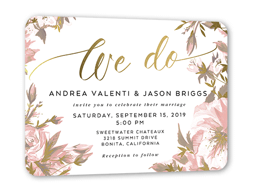 Crisp Petals Wedding Invitation, Gold Foil, Grey, 5x7 Flat, Pearl Shimmer Cardstock, Rounded