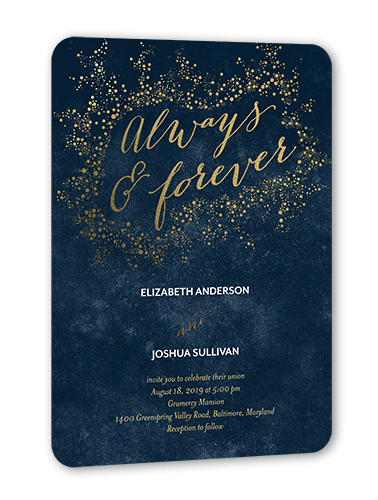 Dazzling Flare Wedding Invitation, Gold Foil, Blue, 5x7 Flat, Signature Smooth Cardstock, Rounded