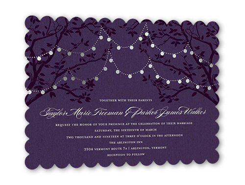 Enlightened Evening Wedding Invitation, Purple, Silver Foil, 5x7, Pearl Shimmer Cardstock, Scallop