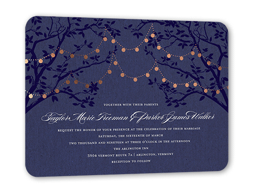 Enlightened Evening Wedding Invitation, Rose Gold Foil, Purple, 5x7 Flat, Pearl Shimmer Cardstock, Rounded, Twilight