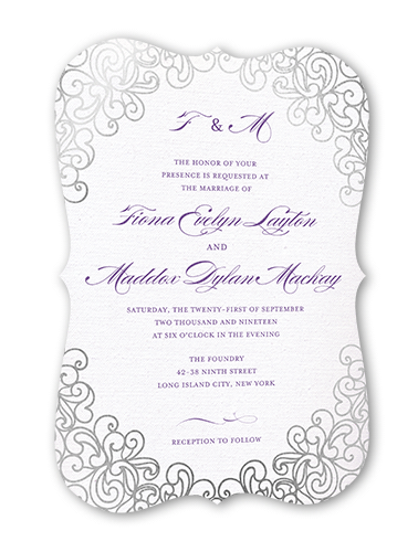 Dazzling Lace Wedding Invitation, Silver Foil, Purple, 5x7 Flat, Signature Smooth Cardstock, Bracket, White
