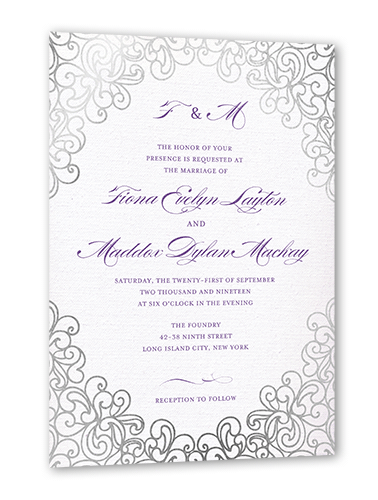Dazzling Lace Wedding Invitation, Silver Foil, Purple, 5x7, Pearl Shimmer Cardstock, Square