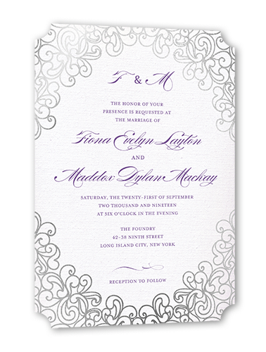 Dazzling Lace Wedding Invitation, Silver Foil, Purple, 5x7 Flat, Signature Smooth Cardstock, Ticket