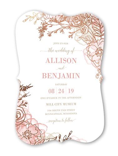 Floral Fringe Wedding Invitation, Pink, Rose Gold Foil, 5x7 Flat, Signature Smooth Cardstock, Bracket, White