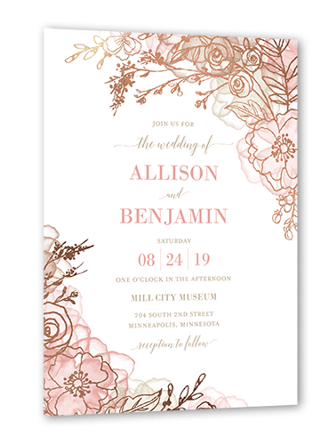 Floral Fringe Wedding Invitation, Pink, Rose Gold Foil, 5x7, Signature Smooth Cardstock, Square