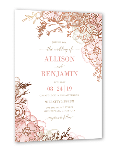 Floral Fringe Wedding Invitation, Pink, Rose Gold Foil, 5x7 Flat, Luxe Double-Thick Cardstock, Square