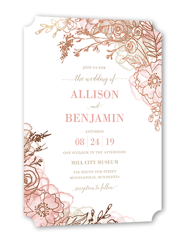 Floral Fringe Wedding Invitation, Pink, Rose Gold Foil, 5x7 Flat, Pearl Shimmer Cardstock, Ticket
